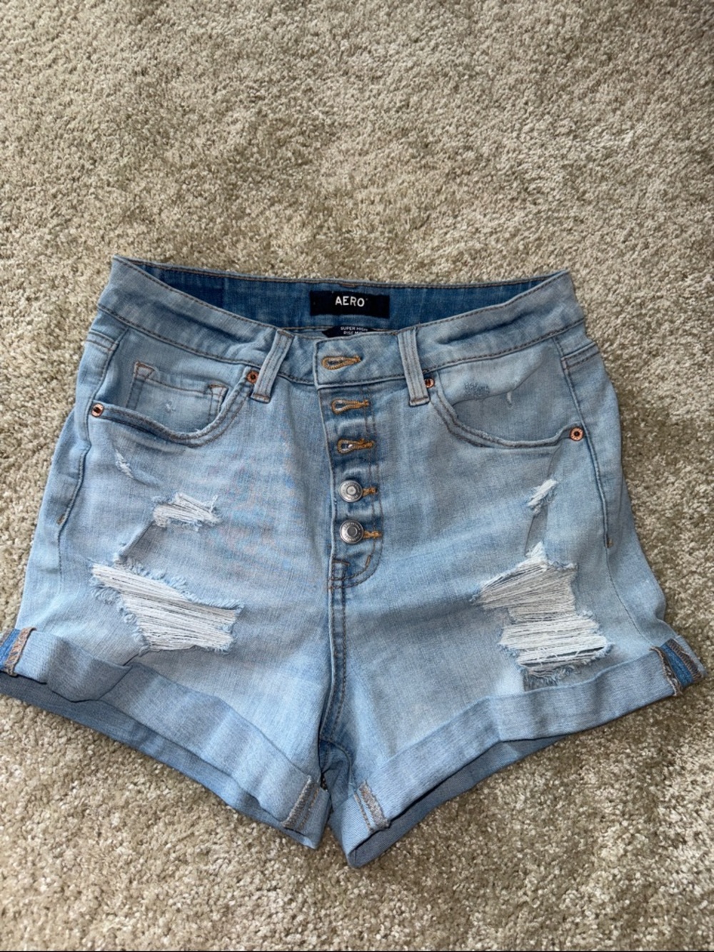 Aeropostale Light Blue Distressed Button-Front Denim Shorts